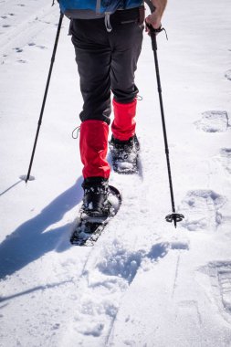 Detail of man hiking with snowshoes through snow on winterday clipart