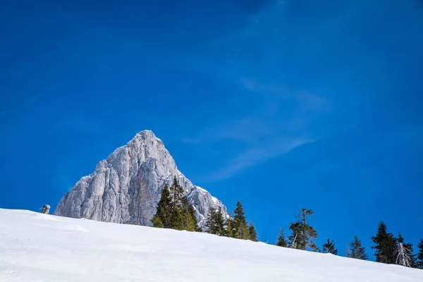 Vista sobre la colina nevada en Kaiserau con la montaña Admonter Kalbling — Foto de Stock