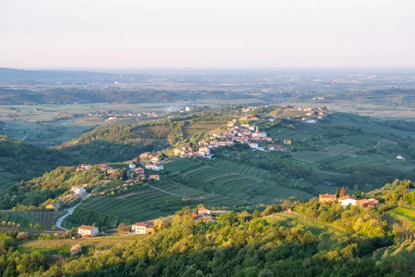 Obec Kozana mezi vinicemi v vinařské oblasti Brda ve Slovinsku — Stock fotografie