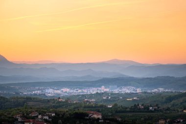 Sunrise view over wine region Brda to town Nova Gorica