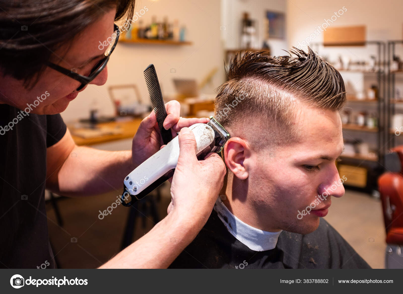 Barber Trims Hair Young Man Razor His Stock Photo by