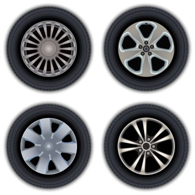 Görüntüleri bir araç ve otomobil lastikleri kümesi. Web sitesi tasarım öğeleri.