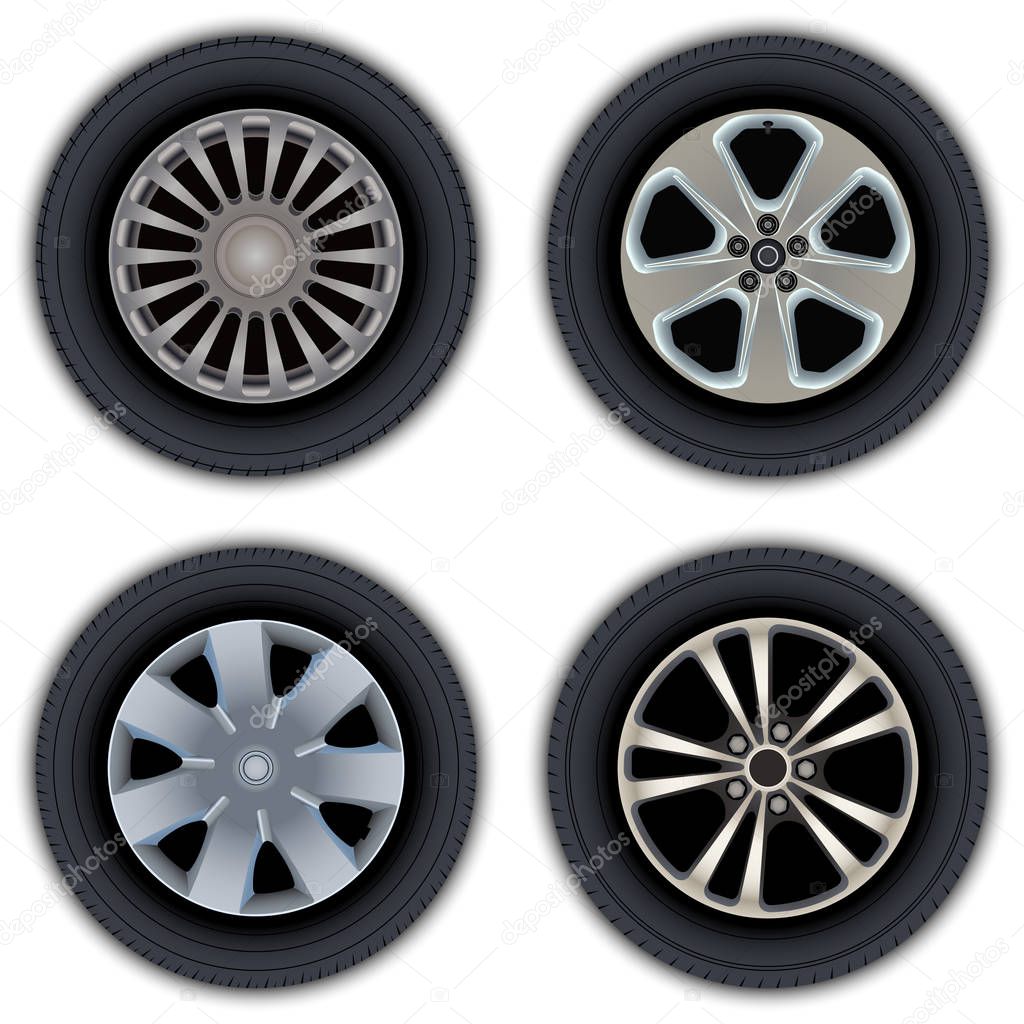 A set of images of wheels and tires of cars. Website design elements.