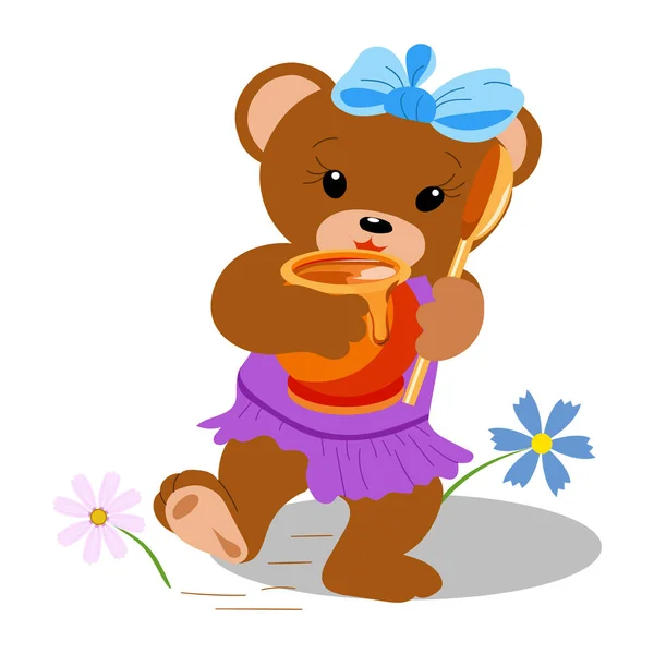 Παιχνίδι Αρκούδα Ένα Δοχείο Μέλι Στα Πόδια Του Χαρακτήρα Κινουμένων — Διανυσματικό Αρχείο