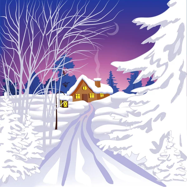 Paisaje invernal, casa de pueblo en el bosque, cubierta de nieve — Vector de stock