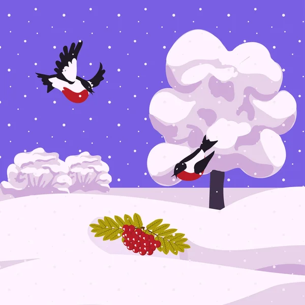 Vinter Jul Illustration Snöiga Landskap Domherrar Och Ett Gäng Rönn — Stock vektor