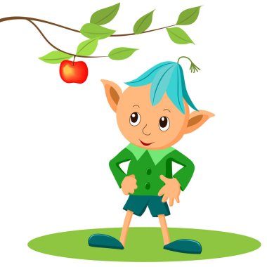 Bir masal karakteri, küçük bir bahçe cini ve bir elma.