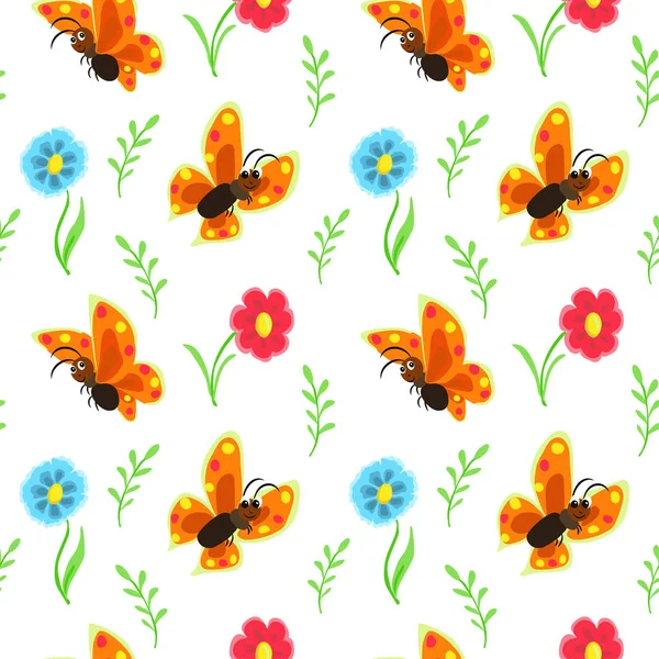 Kelebekler Çiçekler Kusursuz Desen Karikatür Tarzında Komik Çocuk Illüstrasyonlar — Stok Vektör