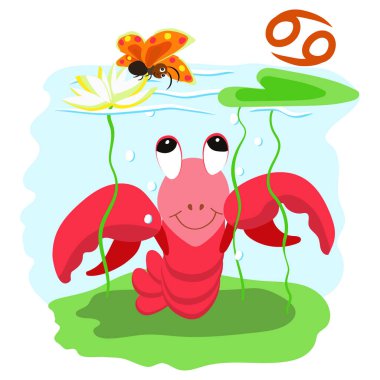 Astroloji. Burcu Yengeç. Karikatür tarzında komik çocuk illüstrasyonlar. Tasarım için öğeler.