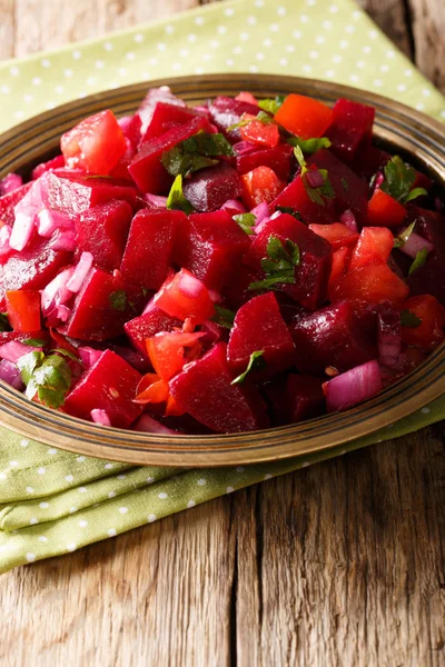 Comida Africana Salada Beterraba Marroquina Com Cebolas Tomates Ervas Close — Fotografia de Stock