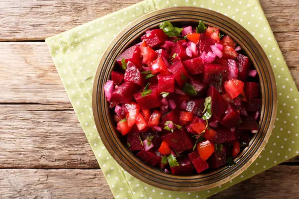 Moroccan Beetroot Salad Onions Tomatoes Herbs Close Table Horizontal Top — Stock Photo, Image