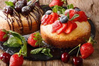 Hassas kek Çikolata, nane ve çilek, kiraz ve yaban mersini yakın çekim tablosundaki ile. Yatay