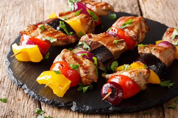 Delicious Hot Grill Shish Kebab Pork Vegetables Served Slate Plate — Stock Photo, Image