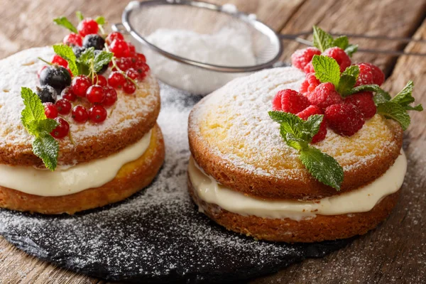 Two Small Victoria Cake Decorated Black Red Currants Raspberries Mint — Stock Photo, Image