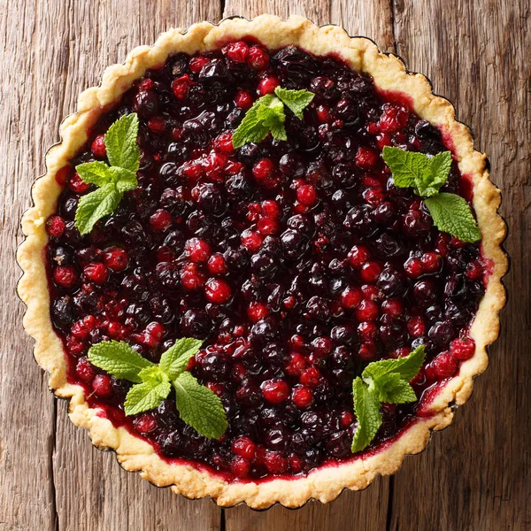 Frenk üzümü çilek, kızılcık ve yaban mersini ile yaz tart masanın üzerine nane yakın çekim ile dekore edilmiştir. abov üzerinden üstten görünüm