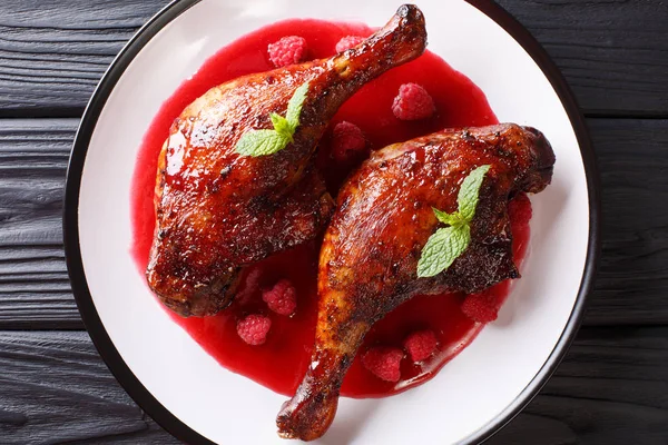 Fried Duck Leg Raspberry Sauce Decorated Mint Closeup Plate Table — Stock Photo, Image