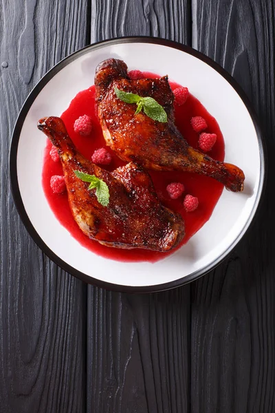 Delicious Food Gourmet Fried Duck Legs Served Raspberry Sauce Mint — Stock Photo, Image
