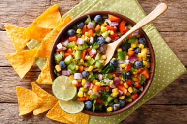 Mısır, yaban mersini, biber ve soğan ile tortilla cips yakın çekim masaya servis yapılan salsa salata. abov üzerinden yatay üstten görünüm