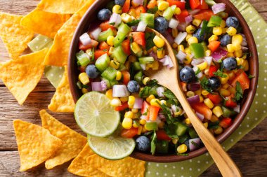 Mısır, yaban mersini, jalapeno biber, biber ve soğan baharatlı salsa masaya cips yakın çekim ile servis edilir. abov üzerinden yatay üstten görünüm
