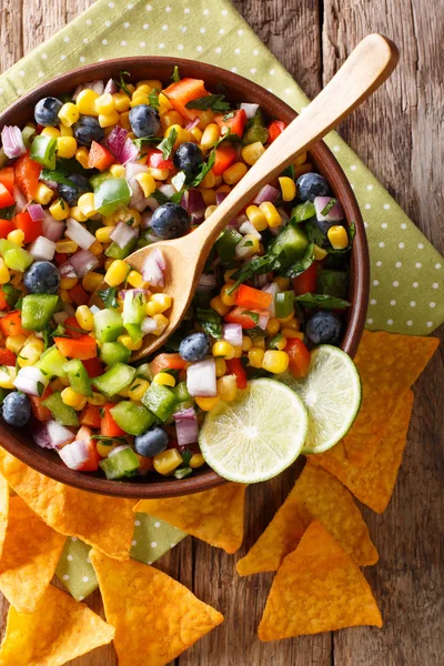 Mısır, yaban mersini, jalapeno biber, biber ve soğan baharatlı salsa masaya cips yakın çekim ile servis edilir. Abov gelen dikey üstten görünüm