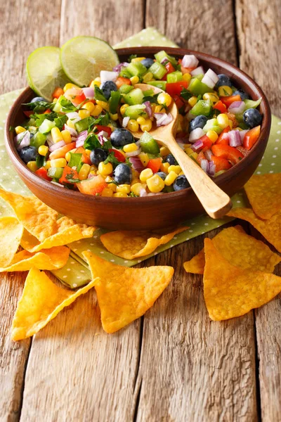 Mısır, yaban mersini, jalapeno biber, biber ve soğan lezzetli salata cips cips yakın çekim tablo ile servis edilir. Vertica