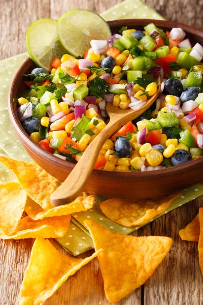 Mısır, yaban mersini, biber ve soğan ile tortilla cips yakın çekim masaya servis yapılan salsa salata. Vertica