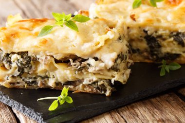 Tavuk, mantar, mozzarella ve parmesan peyniri ve beşamel sos yakın çekim kayrak bir plaka üzerinde İtalyan lazanya. Horizonta