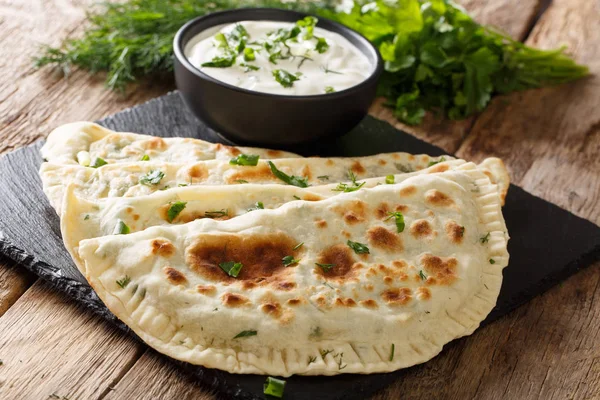 Typical Turkish Meal Gozleme Herb Cheese Slate Board Table Horizonta — Stock Photo, Image