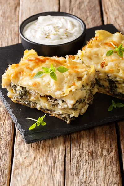 Lasagne a strati italiane con petto di pollo, funghi, formaggio , — Foto Stock