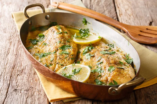 Served Baked Trout Fillets Garlic Butter Sauce Lemon Parsley Close — Stock Photo, Image