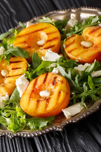 Fresh Salad Grilled Peaches Cream Cheese Arugula Peanuts Herbs Close — Stock Photo, Image