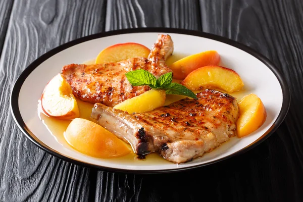 French Recipe Grilled Spicy Pork Peaches Honey Garlic Sauce Mint — Stock Photo, Image