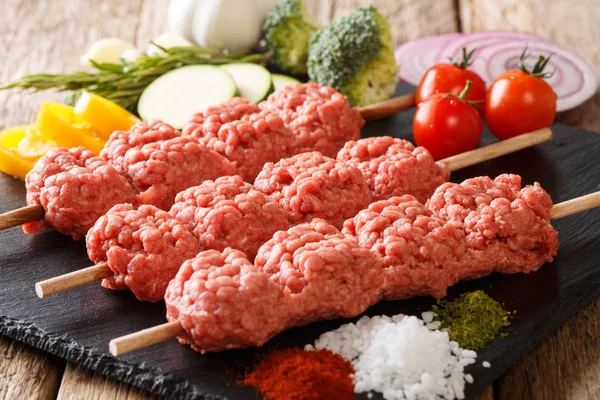 Prepared Raw Kebab Minced Meat Skewers Ingredients Vegetables Close Table — Stock Photo, Image