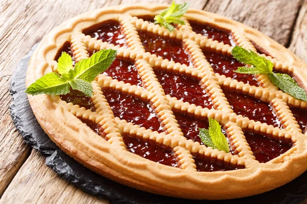 Italian Cherry Crostata Pie Decorated Mint Closeup Table Horizonta — Stock Photo, Image