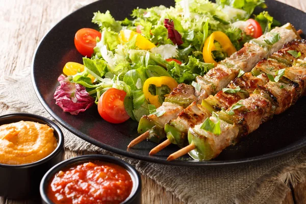 おいしい食べ物 豚肉と野菜の串焼きサラダ テーブル上プレートとケチャップとマスタードのクローズ アップに — ストック写真
