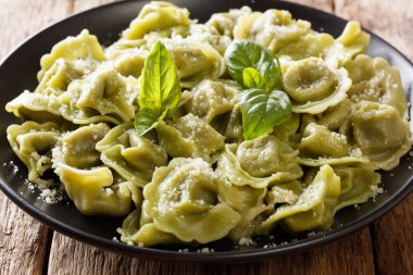 İtalyan yeşil ıspanak cappelletti, mantı, tortellini et ve parmesan peyniri ve fesleğen yakın çekim bir plaka üzerinde bir tablo ile doldurulmuş. Horizonta
