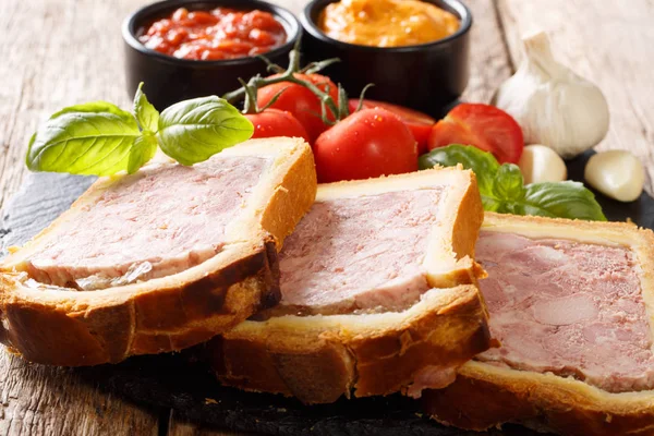 Meat Terrine Pate Spices Garlic Served Vegetables Sauces Close Table — Stock Photo, Image