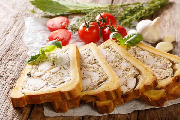 Meat Chicken Terrine Jelly Bread Spices Herbs Close Paper Table — Stock Photo, Image