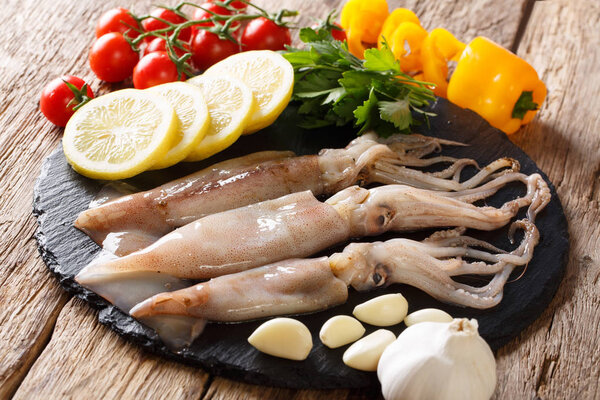 Food background: raw fresh squid close-up and set of vegetables on a slate board on a table. horizonta