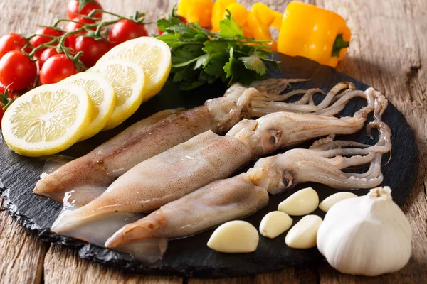 Raw Fresh Squid Close Vegetable Cooking Slate Board Table Horizonta — Stock Photo, Image