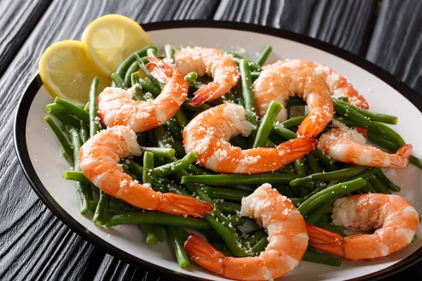 Delicious Shrimp Salad Green Beans Cheese Lemon Close Plate Table — Stock Photo, Image