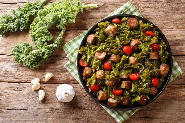 Warm Salad Fried Kale Cabbage Sausages Tomatoes Garlic Close Plate — Stock Photo, Image