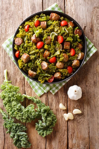 Warm Salad Fried Kale Cabbage Sausages Tomatoes Garlic Close Plate — Stock Photo, Image