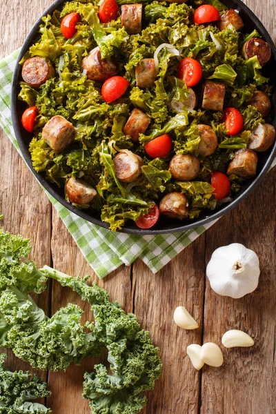 Fried Kale Cabbage Sausage Tomatoes Parmesan Cheese Plate Close Table — Stock Photo, Image