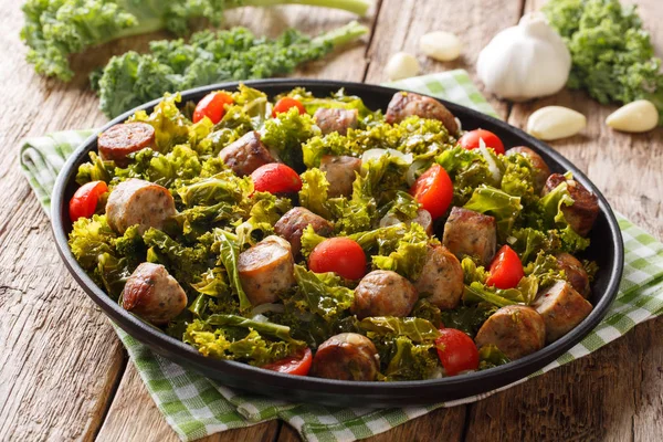 Delicious Healthy Food Organic Kale Cabbage Sausages Tomatoes Garlic Close — Stock Photo, Image