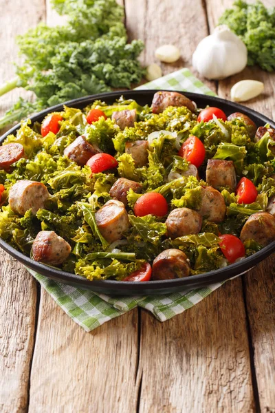 Warm Salad Fried Kale Cabbage Sausages Tomatoes Garlic Close Plate — Stock Photo, Image
