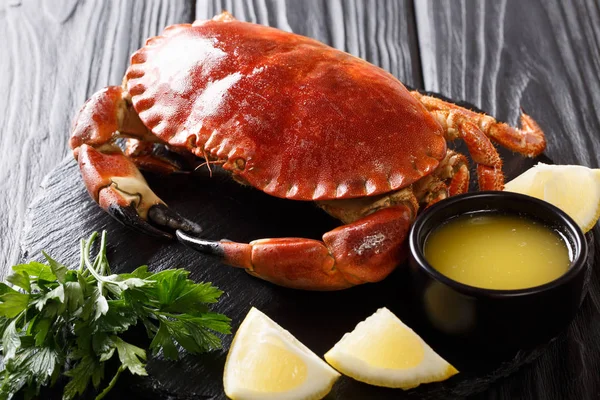 Delicious traditional boiled whole brown crab with sauce, lemon and parsley on a slate board close-up on a black table. horizonta
