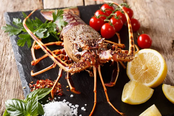 Fresh raw spiny lobster or sea crayfish with ingredients close-up on a wooden table. horizonta
