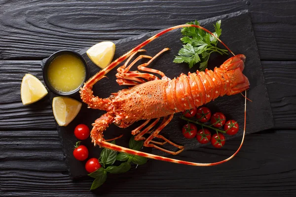 Alimenti Costosi Aragosta Bollita Spinosa Con Pomodoro Fresco Limone Burro — Foto Stock