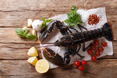 Güzel deniz ürünleri pişmemiş closeup limon ve otlar ahşap bir masa üzerinde ıstakoz. abov üzerinden yatay üstten görünüm